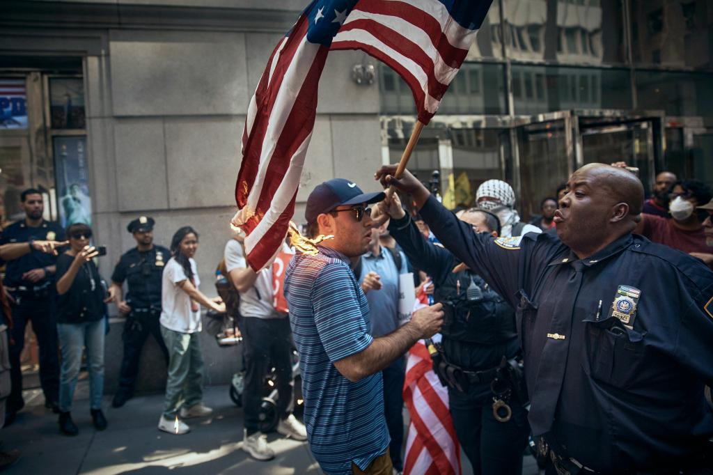 A NYPD officer managed to save a pro-Israel supporter after someone set his American flag on fire during the protests. 