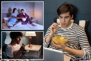 Composite: top left shows a man and a woman eating popcorn on a bed; bottom left shows a young man eating; at right a teenage boy uses laptop in bed and eating chips while watching movies at home.