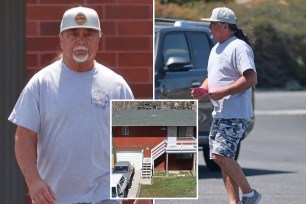 Theo Struyck seen at left wearing t-shirt and baseball cap; inset of home at center; at right, another view of him running errands in t-shirt, hat and camo shorts