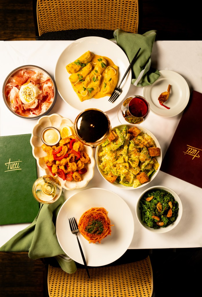 Overhead shot of various dishes at Tucci. 