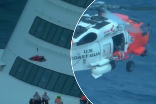 Footage posted by the US Coast Guard shows a rescuer being lowered onto the Disney Fantasy on April 15 in the Atlantic Ocean.