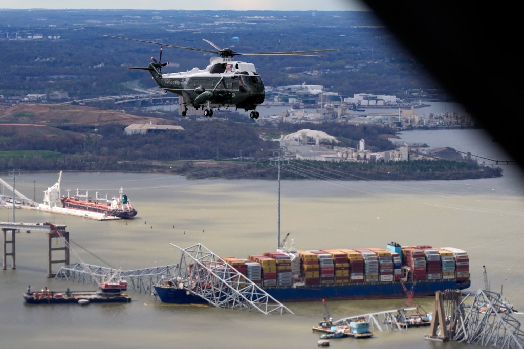 President Joe Biden, aboard Marine One, takes an aerial tour of the collapsed Francis Scott Key Bridge in Baltimore, Friday, April 5, 2024