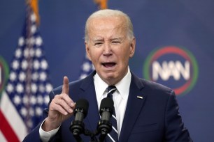 President Joe Biden speaks to the National Action Network Convention remotely from the South Court Auditorium of the White House, Friday, April 12, 2024.