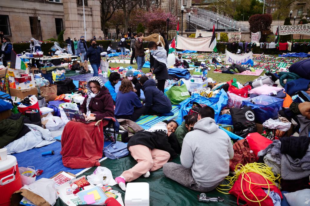 Pro-Palestinian demonstrators gather at an encampment on the lawn of Columbia University