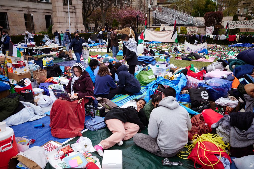 Pro-Palestinian demonstrators gather at an encampment on the lawn of Columbia University