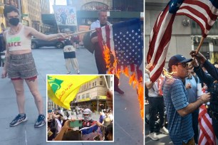 An anti-Israel protester was seen waving a flag associated with the Iran-backed Lebanese terrorist group Hezbollah during a day of protest in New York City.