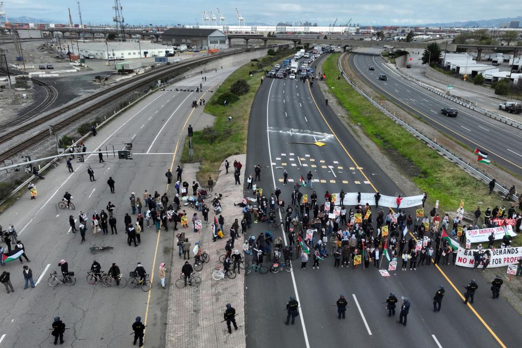 Anti-Israel protests block traffic on Highway 880 in Oakland, Calif, on April 15, 2024.