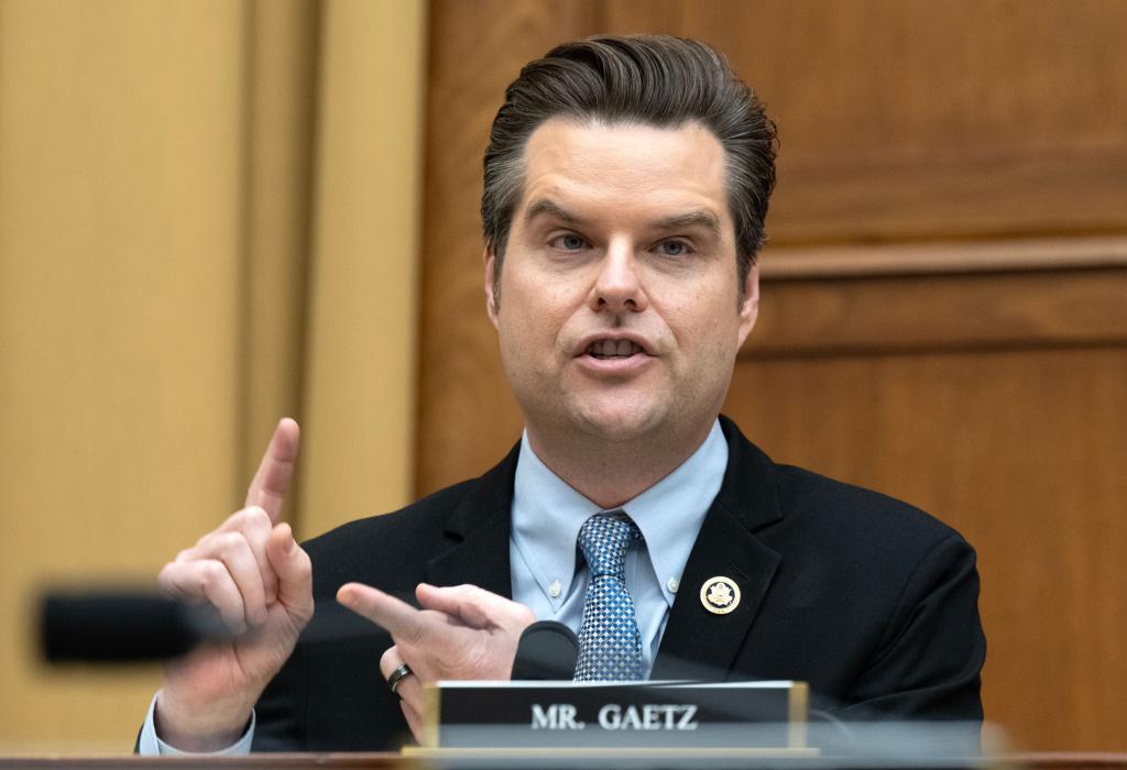 US Representative Matt Gaetz questioning Special Counsel Robert K Hur at a House Judiciary Committee hearing in Washington, DC