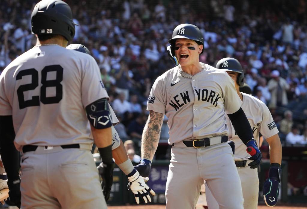 New York Yankees' Alex Verdugo (24) reacts after hitting a home run against the Arizona Diamondbacks in the tenth inning at Chase Field in Phoenix on April 3, 2024.