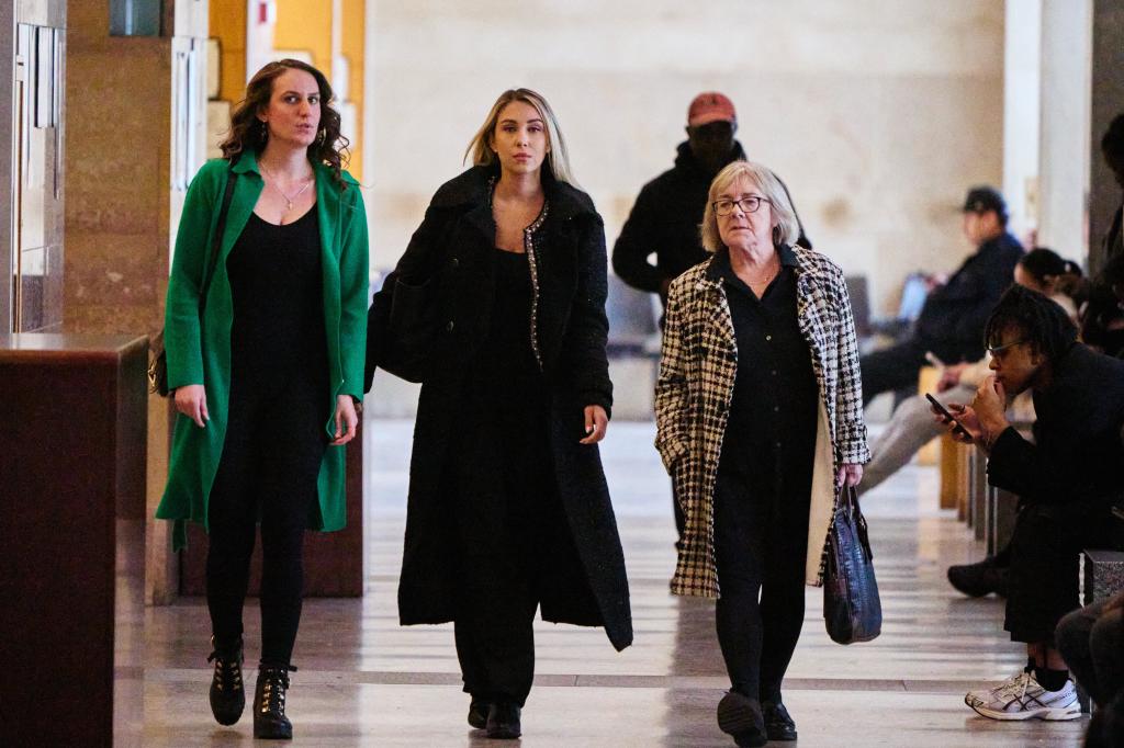Homeowner Juliya Fulman(center, blond hair and black top), real estate broker Ejona Bardhi(left, in green), and attorney Rizpah Morrrow arrive for a court appearance at Queens Civil Court  on Friday, April 5, 2024 in Queens, N.Y