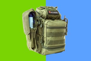 A green backpack against a blue and green background