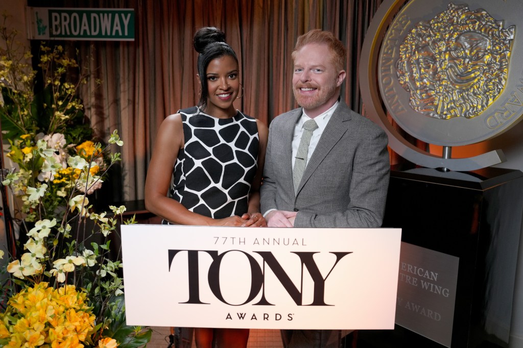 enÃ©e Elise Goldsberry and Jesse Tyler Ferguson host The 77th Annual Tony Award Nominations.