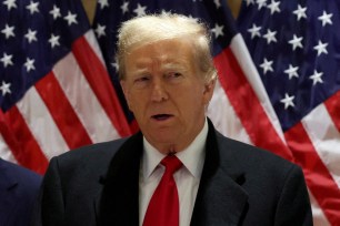 Donald Trump speaks during a press conference at one of his properties after attending a hearing in his criminal court case on charges stemming from hush money paid to a porn star in New York City.