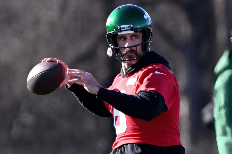 Jets quarterback Aaron Rodgers (8) at practice in Florham Park, NJ.