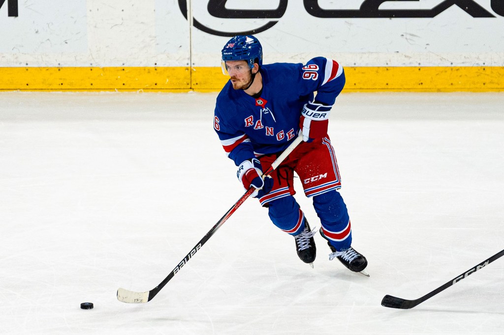 Jack Roslovic, pictured earlier this month, was a healthy scratch during the Rangers' win Sunday against the Canadiens.