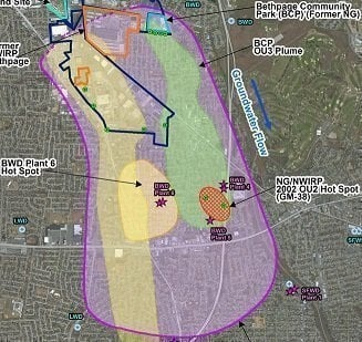 Drums of toxic chemicals found near the abandoned baseball field of a park on Long Island, map indicating the location of discovery