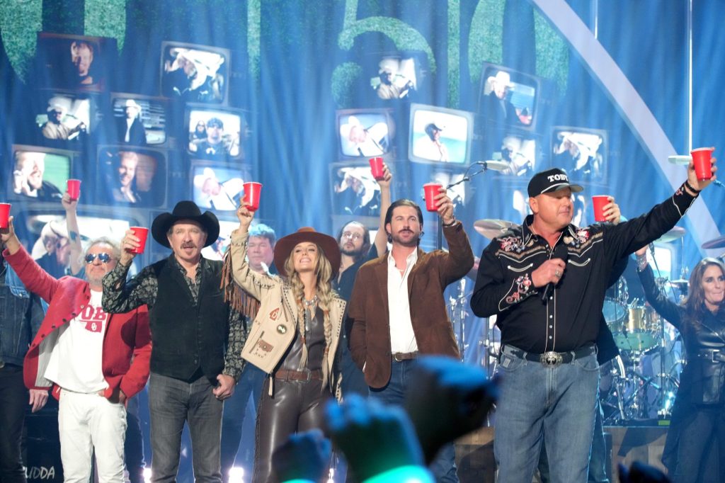 Sammy Hagar, Kix Brooks and others toasting Toby Keith onstage during the 2024 CMT Music Awards in Austin, Texas.