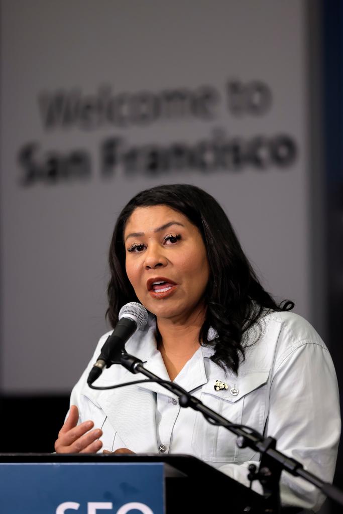 Breed speaks at a press conference at San Francisco International Airport following her trip to China on April 21, 2024.
