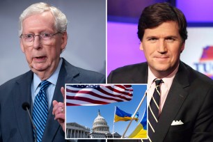 Mitch McConnell, Tucker Carlson and Ukrainian and US flags, US Capitol