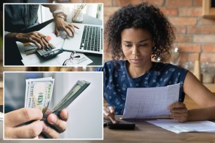 Composite: Top left, a person balancing their checkbook using a laptop; bottom left, hands counting money, and right, a millennial biracial woman calculates household expenses with a laptop.