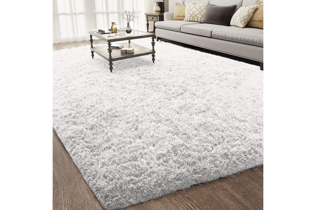 A white shag rug in a room