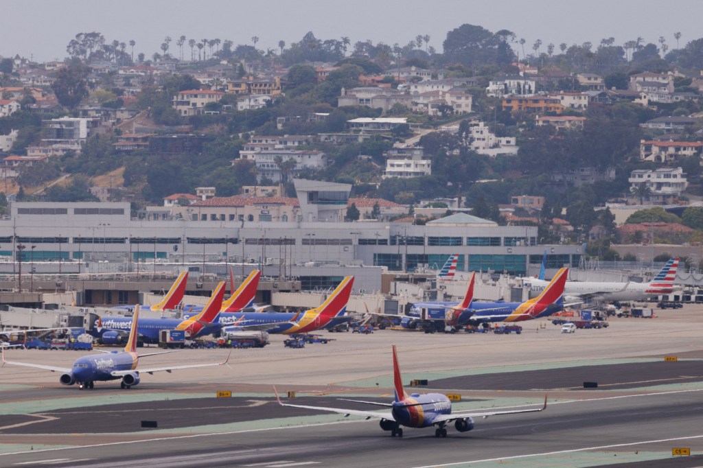 Southwest Airlines planes are shown at San Diego International airport.