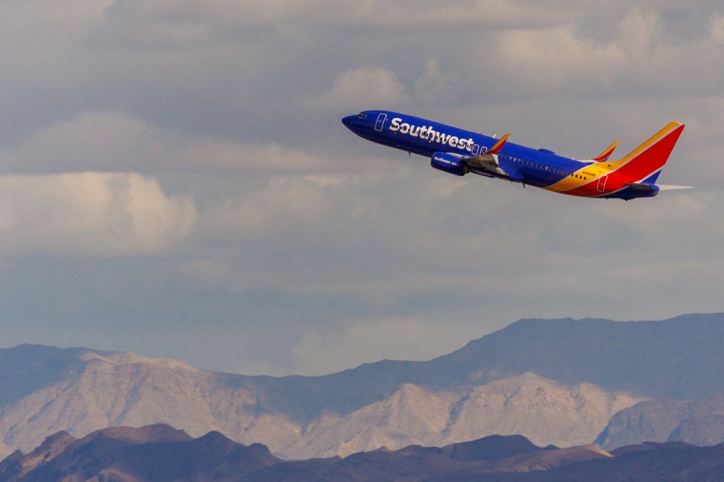 Southwest commercial airliner takes off from Las Vegas International Airport in Las Vega