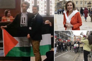 pelosi with protesters in UK