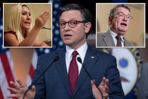 Speaker of the House Mike Johnson and the House Republican leadership addressing reporters at a strategy session about aid votes for Israel and Ukraine.