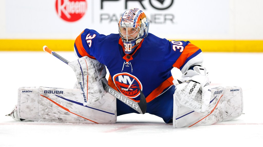 Islanders goaltender Ilya Sorokin (30) stretches during a break in action against the Pittsburgh Penguins