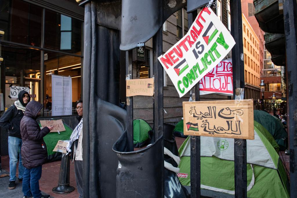 Emerson College students at an encampment for an anti-Israel protest.