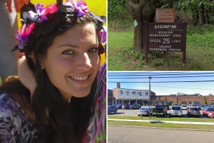 A composite photo of the accused, Jessica Sawicki, 37, of Point Pleasant; a photo of Assunpink park preserve and of her school, Hamilton High School West