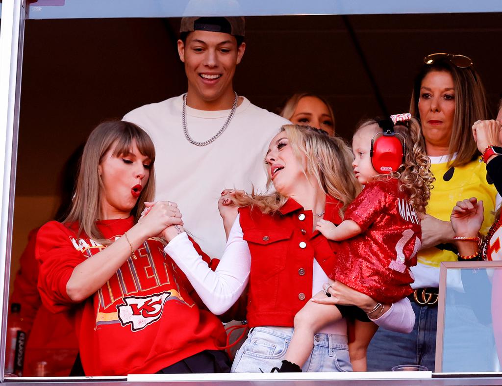 Taylor Swift and Brittany Mahomes celebrate a touchdown during the Chiefs-Chargers game at GEHA Field at Arrowhead Stadium on Oct. 22, 2023 in Kansas City, Miss.