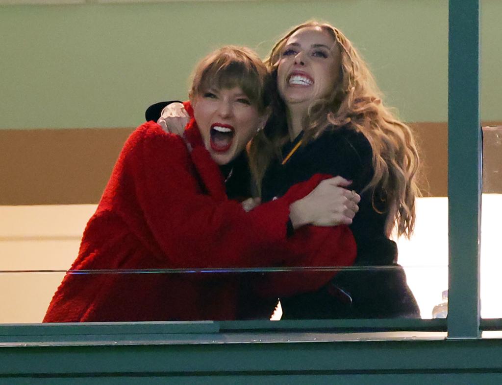 Taylor Swift and Brittany Mahomes react in a suite during the game between the Kansas City Chiefs and the Green Bay Packers at Lambeau Field on December 3, 2023 in Green Bay, Wisc.