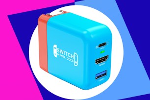 A blue and red power adapter