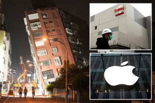 Taiwan earthquake damage, Apple logo and TSMC sign