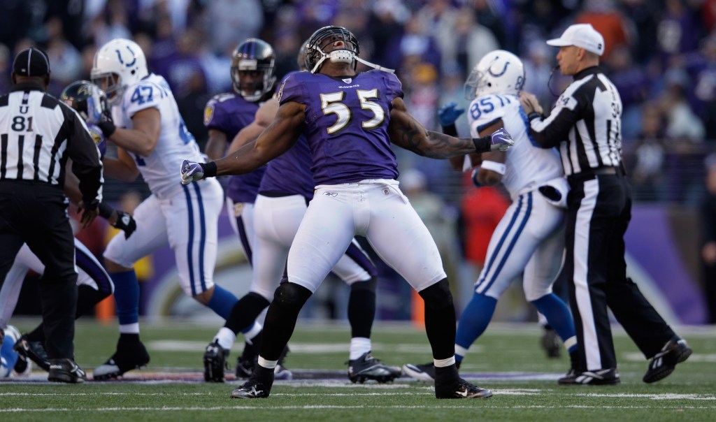 Terrell Suggs #55 of the Baltimore Ravens celebrates a sack against the Indianapolis Colts during the first half at M&T Bank Stadium on December 11, 2011 in Baltimore, Maryland.   