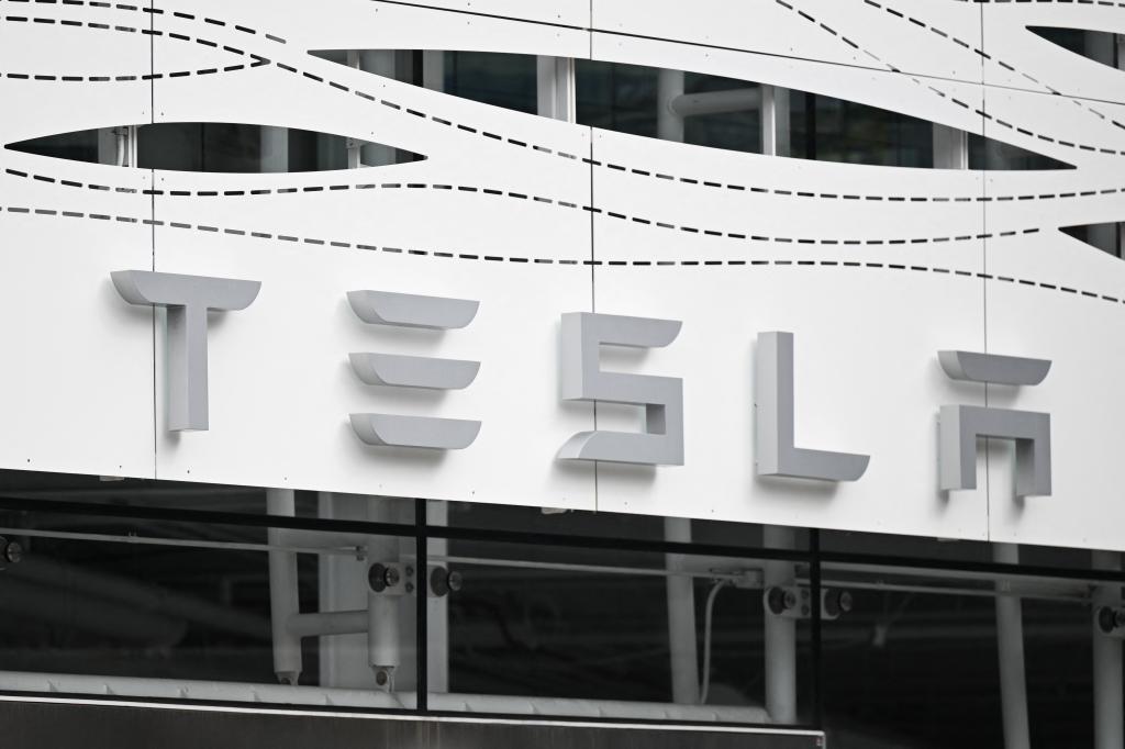 Tesla logo on the storefront at the Santa Monica Place, California