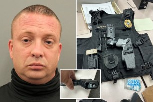 Shaun Arnold (left), a convicted felon, was wearing a police uniform and a ballistic vest with his name on it (right) when he allegedly tried to pull over undercover deputies in Houston