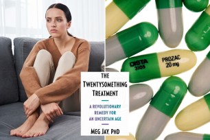 comp image of a stressed woman, generic pills and the cover of a book