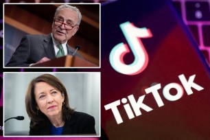 TikTok app logo illustration from August 22, 2022 with Maria Cantwell and Charles Ellis Schumer seen in the foreground