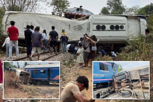 Train colliding with a bus at a level crossing in Cambodia, resulting in multiple injuries