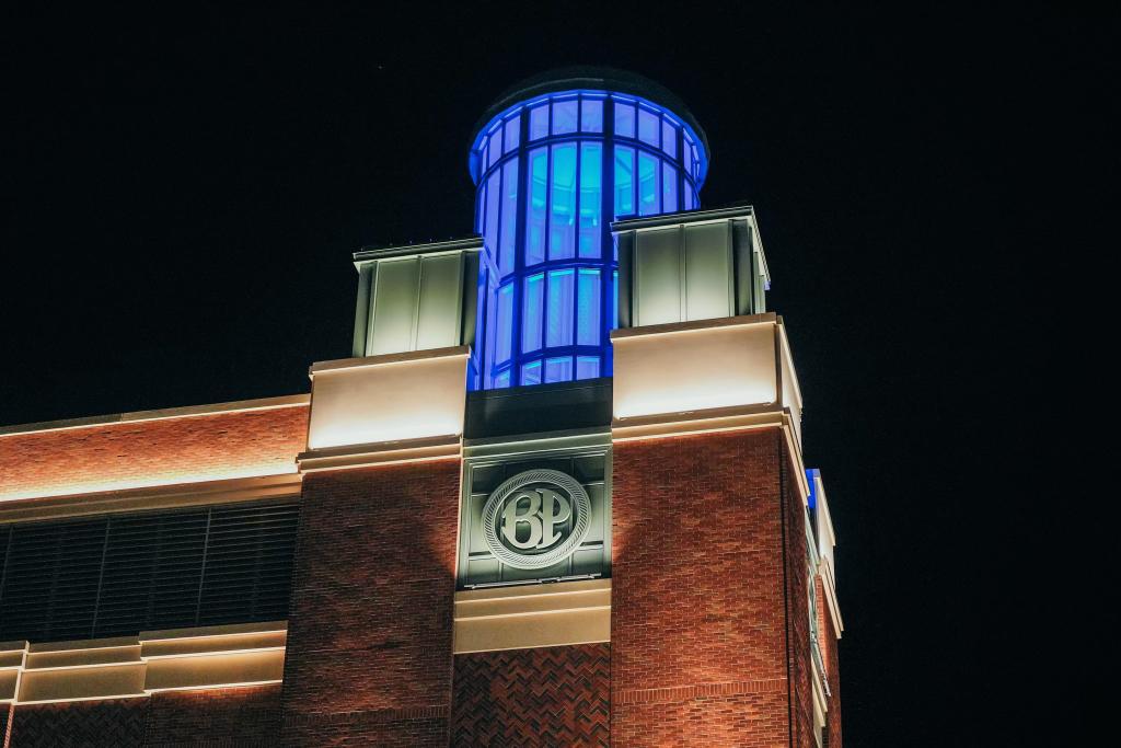 The lanterns outside USB Arena lit up blue.