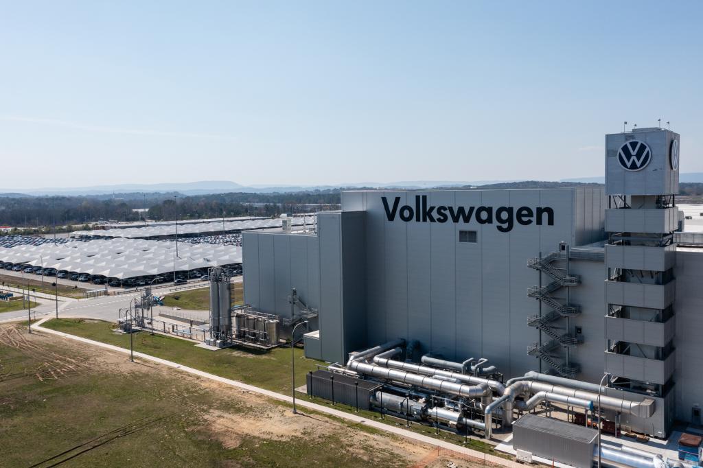 Aerial view of a large Volkswagen automobile assembly plant in Chattanooga, Tennessee.