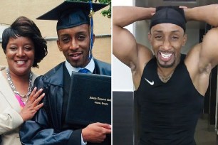 composite image: left, Ellen Trawick, shows her and her son Kawaski Trawick at a graduation with Kawaski in a cap and gown; right Kawaski strikes a pose and smiles at the camera