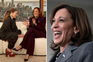US Vice President Kamala Harris delivering a speech on climate action at Naomi Drenan Recreational Center in Charlotte, North Carolina, on April 4, 2024; Harris speaking with Drew Barrymore