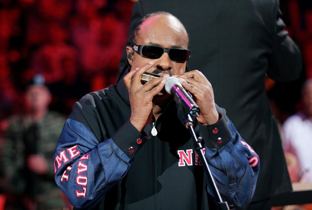 Stevie Wonder performing the National Anthem on a harmonica at the 2005 NBA Finals