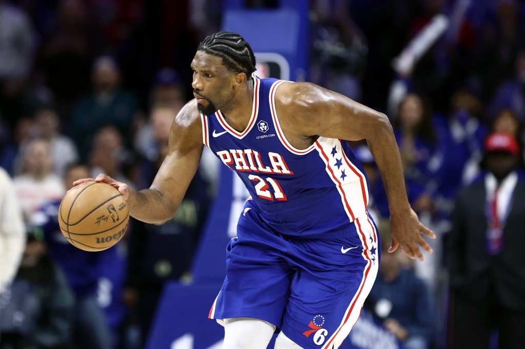 Joel Embiid #21 of the Philadelphia 76ers dribbles during the fourth quarter against the Oklahoma City Thunder