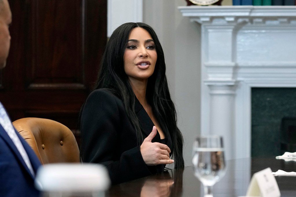 Vice President Kamala Harris, from right, listens as Kim Kardashian speaks during a discussion in the Roosevelt Room of the White House in Washington, Thursday, April 25, 2024.