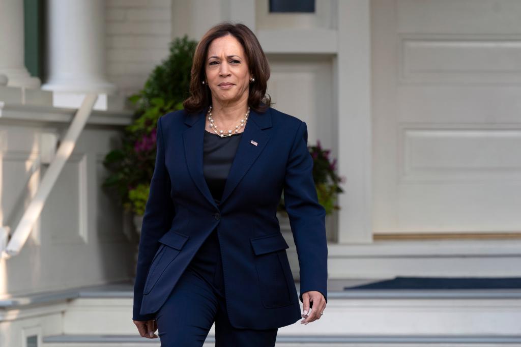 Vice President Kamala Harris waits outside the Vice President's official residence in the U.S. Naval Observatory compound to meet South African President Cyril Ramaphosa, Friday, Sept. 16, 2022, in Washington. 